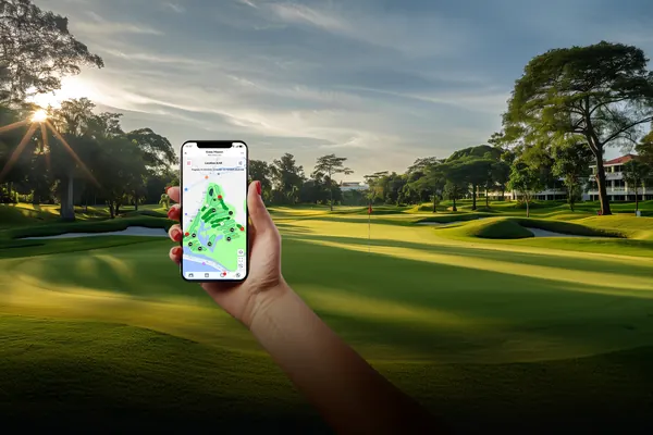 Smartphone mit Flottenübersicht vor einem Golfplatz