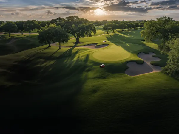 Golfplatz mit Bunkern im Abendlicht