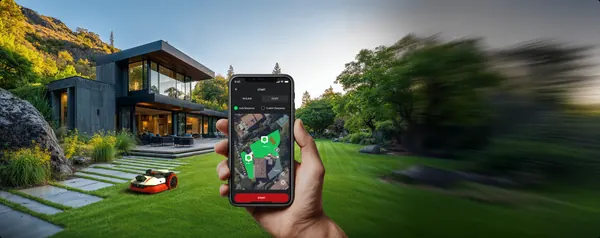 Smartphone mit der Kress App vor einem Garten mit Mähroboter