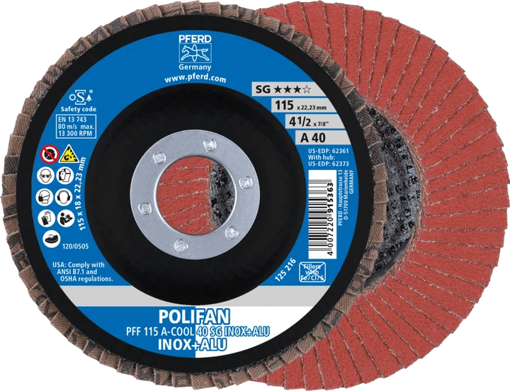 PFERD POLIFAN-Fächerscheiben Korund A-COOL SG INOX+ALU PFF 115 A-COOL 40 SG INOX+ALU