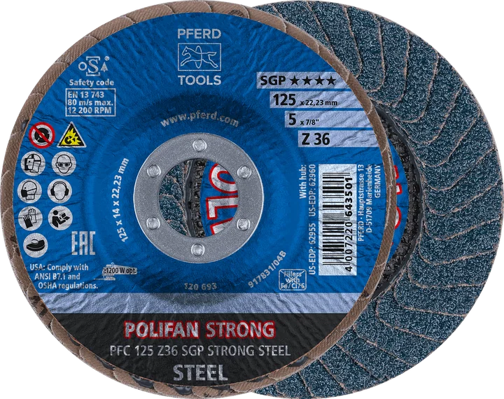 PFERD POLIFAN-Fächerscheiben Zirkonkorund Z SGP STRONG STEEL PFC 125 Z 36 SGP STRONG STEEL