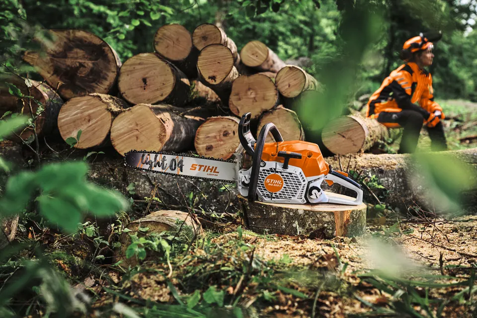 STIHL MS 300 Motorsäge beim Brennholz sägen im Winter
